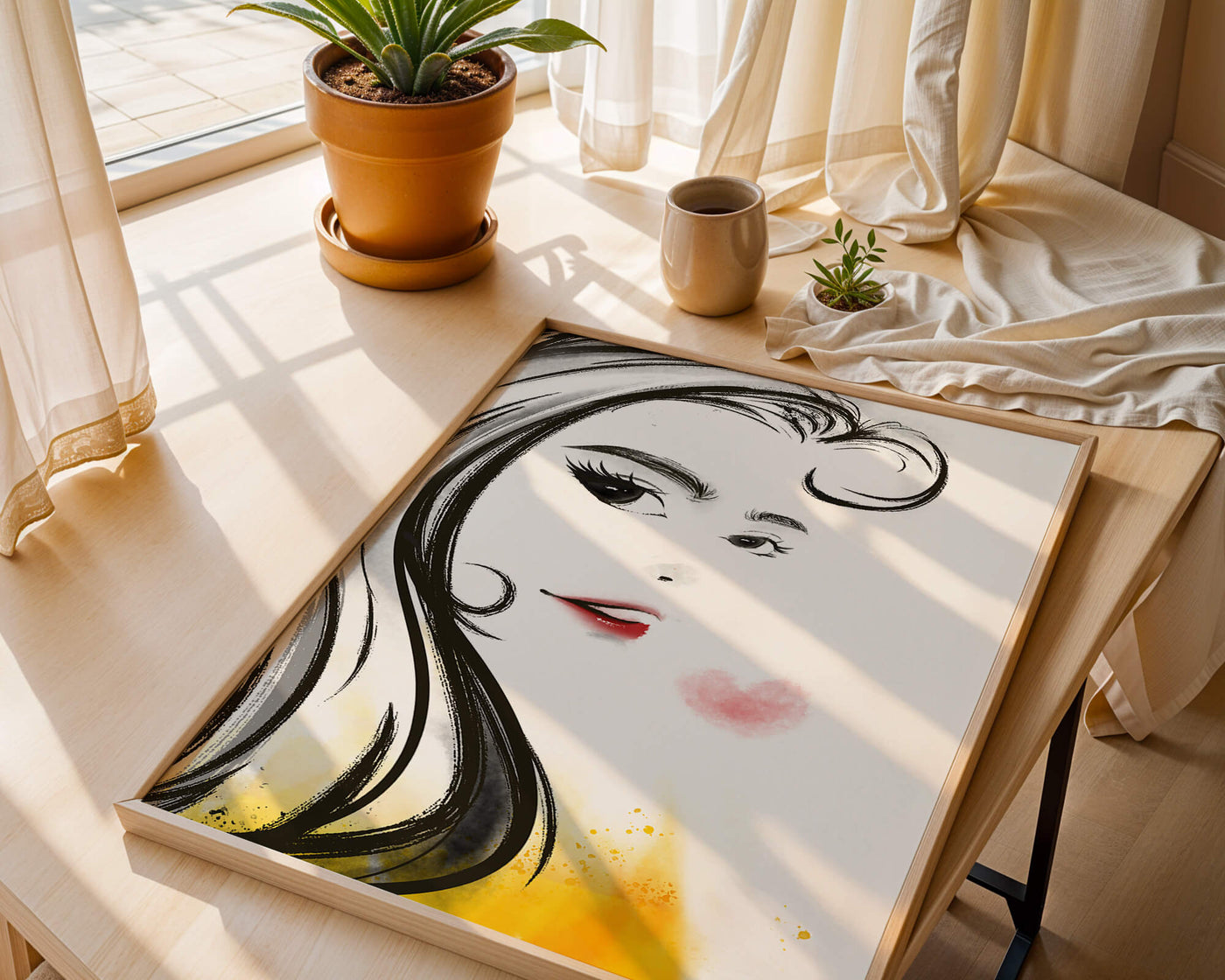 Elegant portrait sketch with red lips and a heart motif