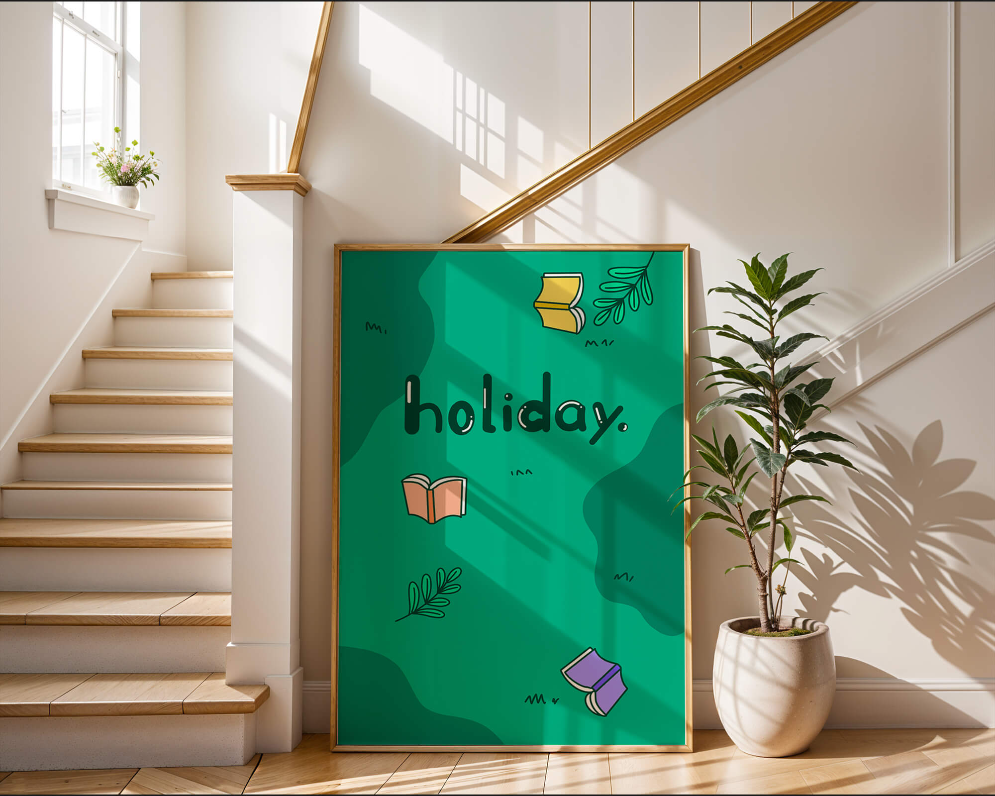 Colorful holiday-themed design with books and leaves