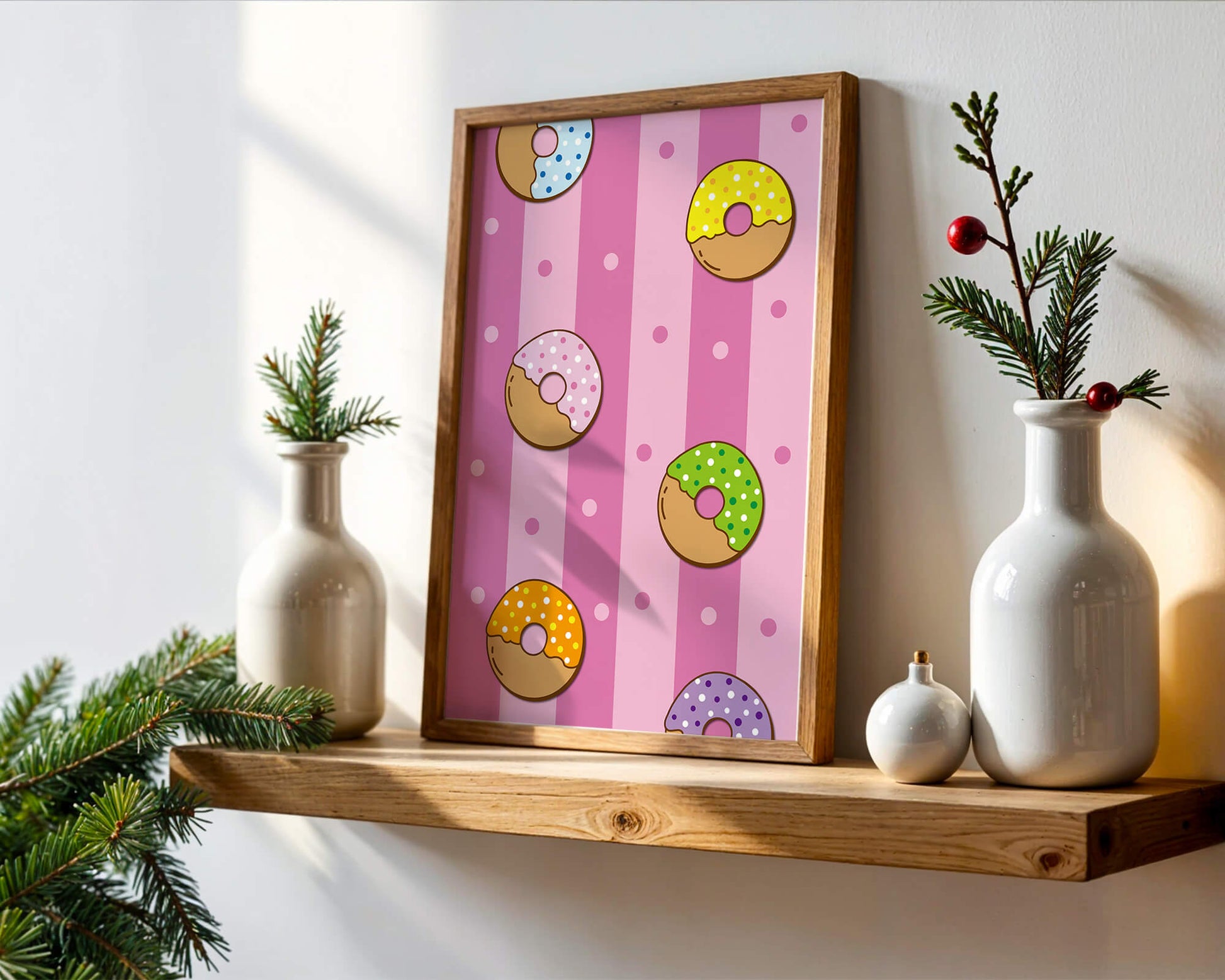 Colorful donut pattern on pink striped background