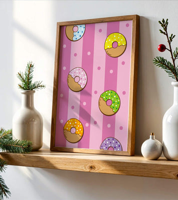 Colorful donut pattern on pink striped background