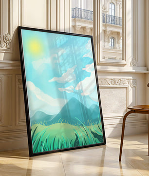 Sunny Day Overlooking a Mountain Landscape with Rolling Hills and Blue Sky