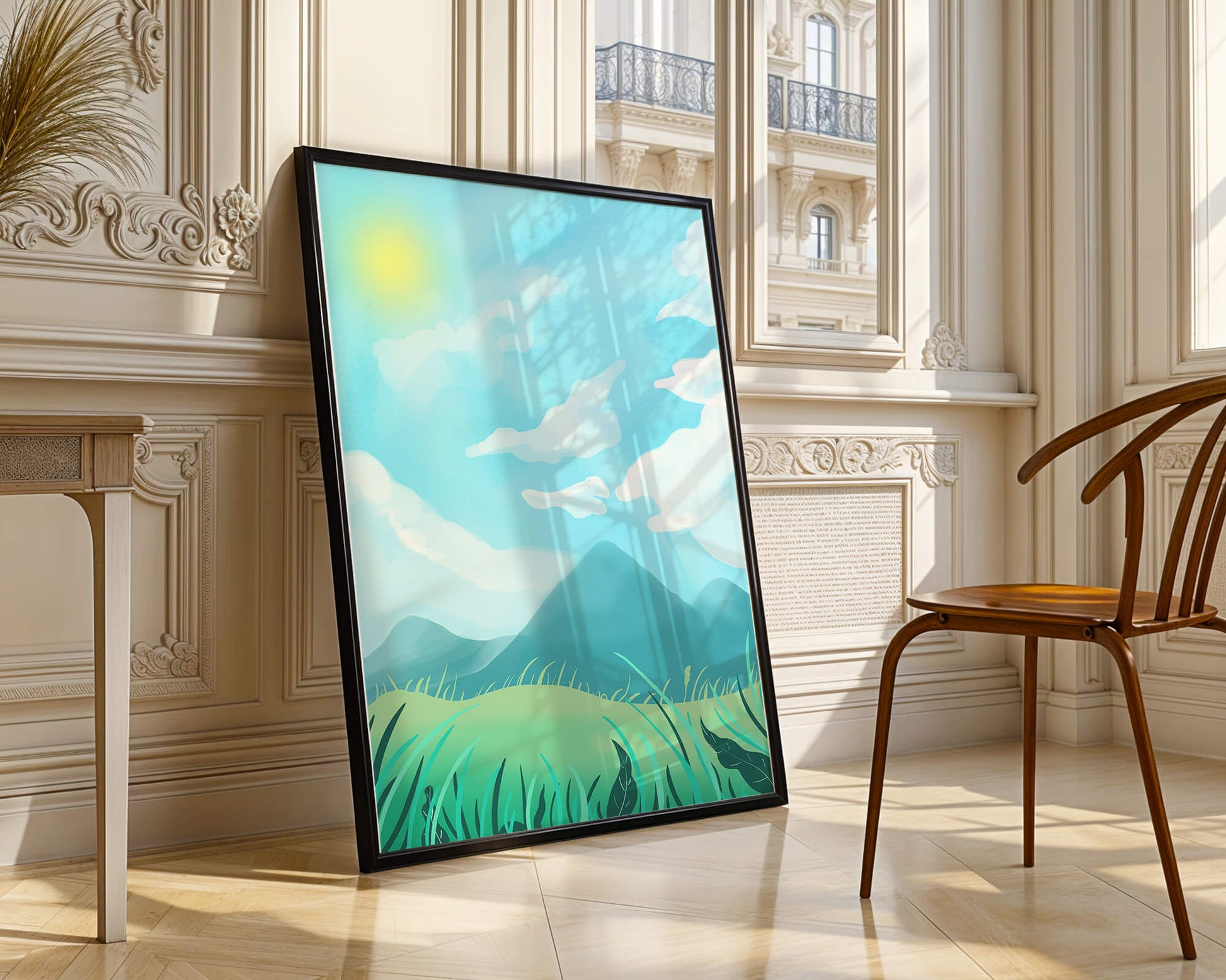 Sunny Day Overlooking a Mountain Landscape with Rolling Hills and Blue Sky