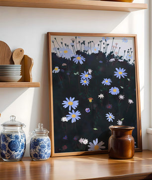 Field Of Blue And White Daisies On A Dark Background