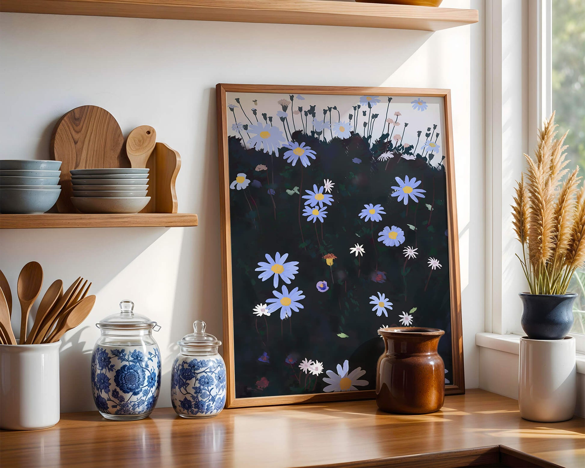 Field Of Blue And White Daisies On A Dark Background