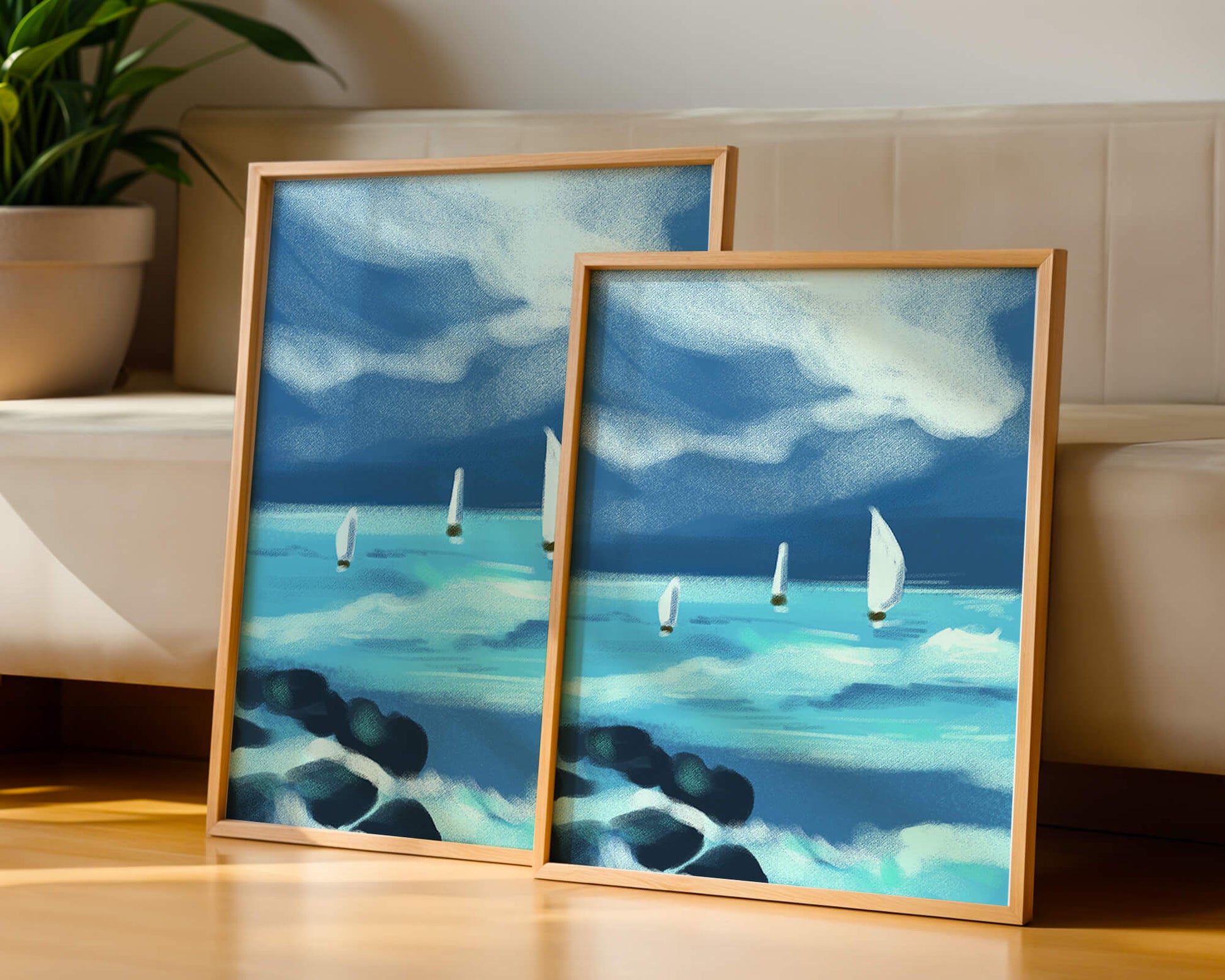 Seascape with sailboats navigating blue waves under a dramatic sky
