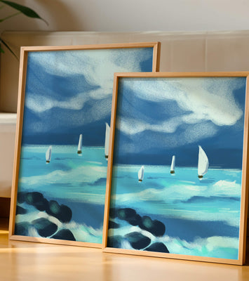Seascape with sailboats navigating blue waves under a dramatic sky