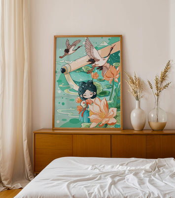 Serene Asian Art Illustration with Cranes and Lotus Flowers