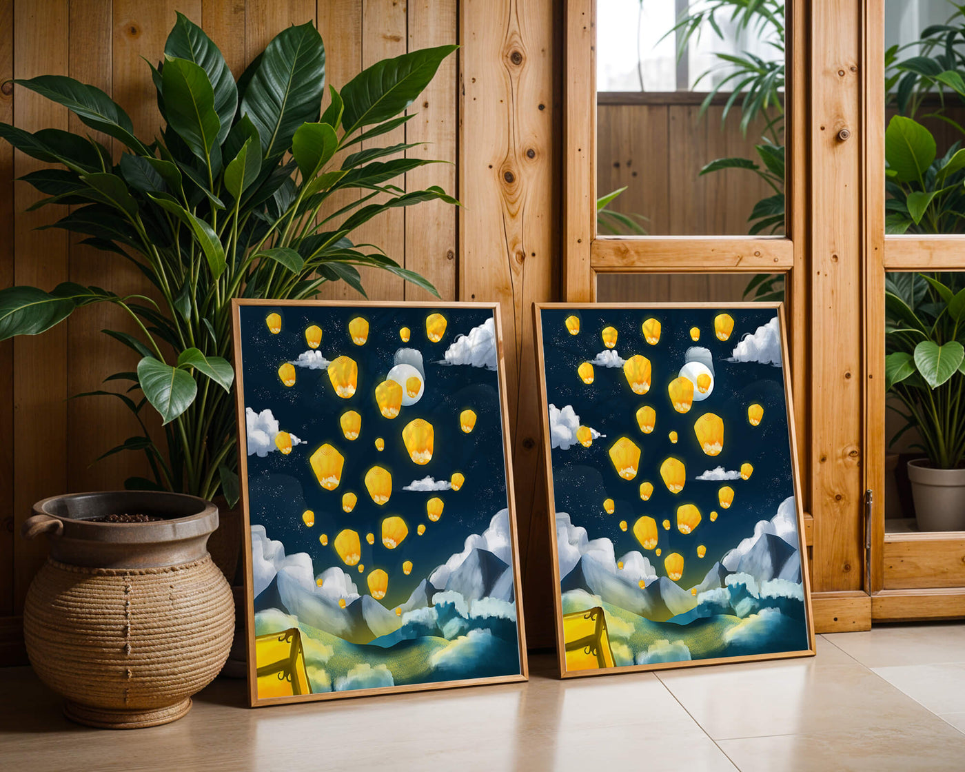 Lanterns floating in a starry night sky over mountains