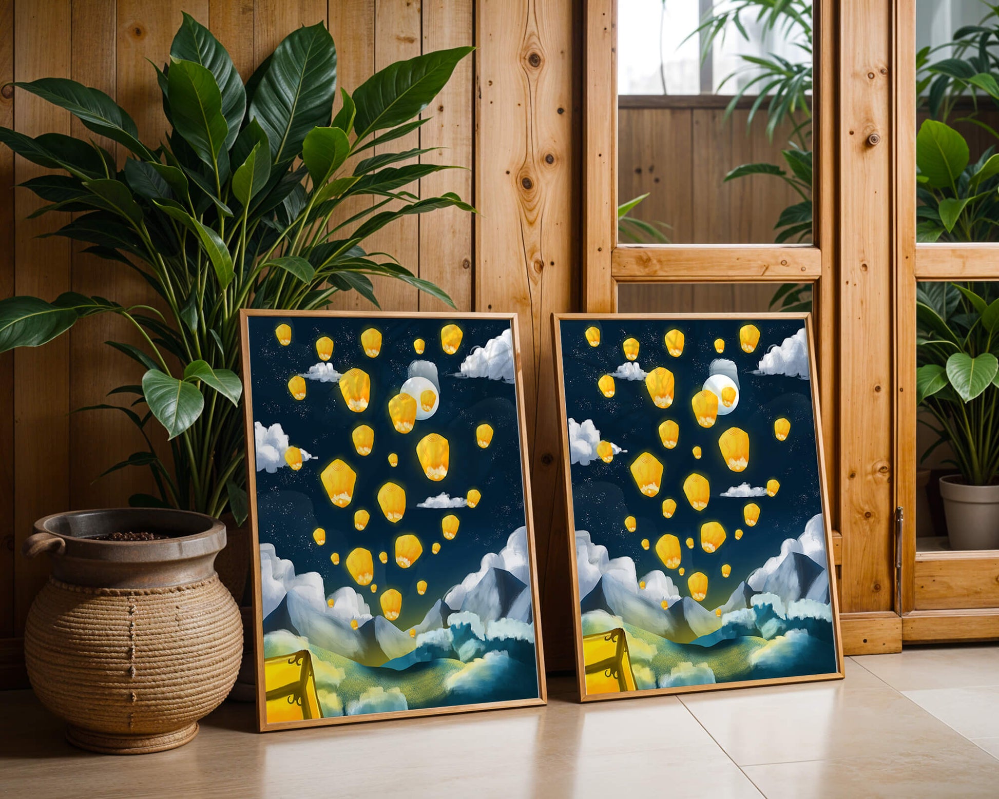Lanterns floating in a starry night sky over mountains