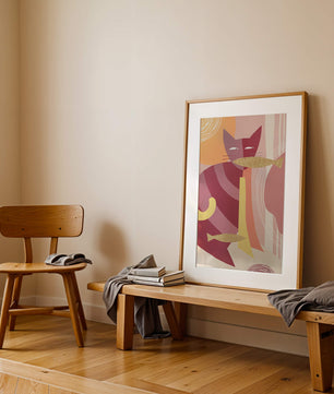 Abstract cat artwork with gold accents and colorful patterns