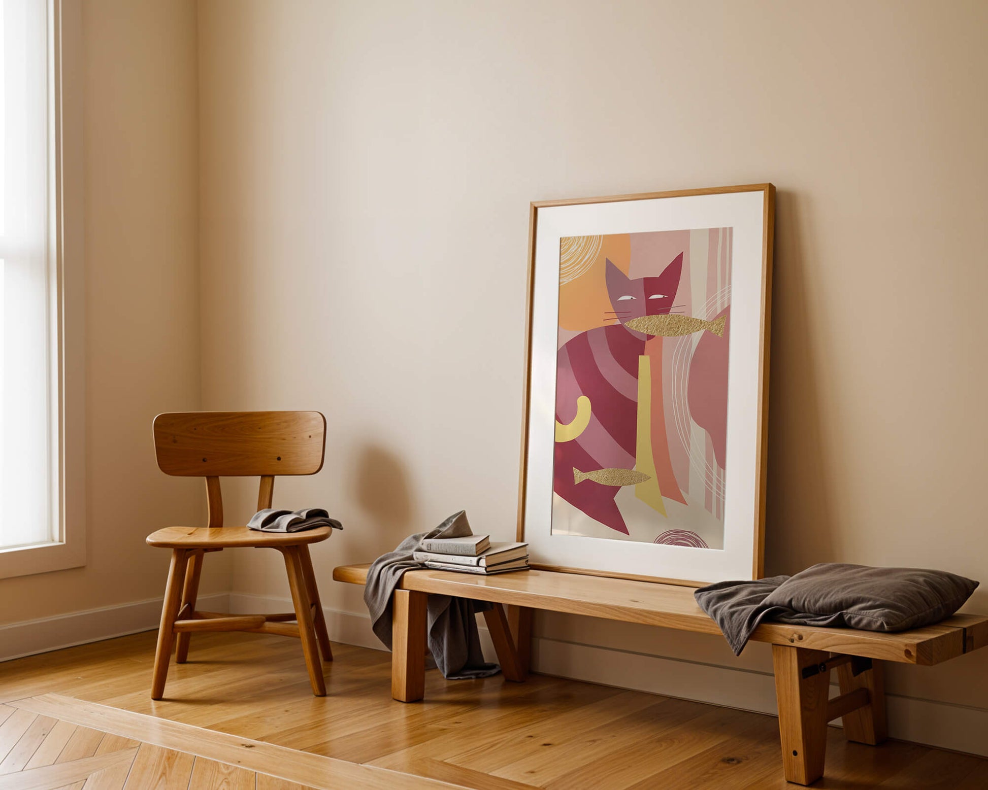 Abstract cat artwork with gold accents and colorful patterns