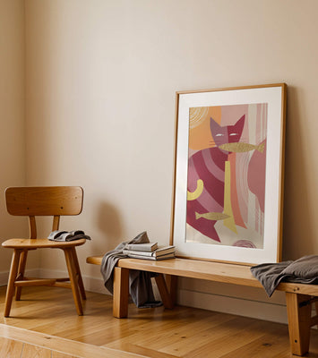 Abstract cat artwork with gold accents and colorful patterns