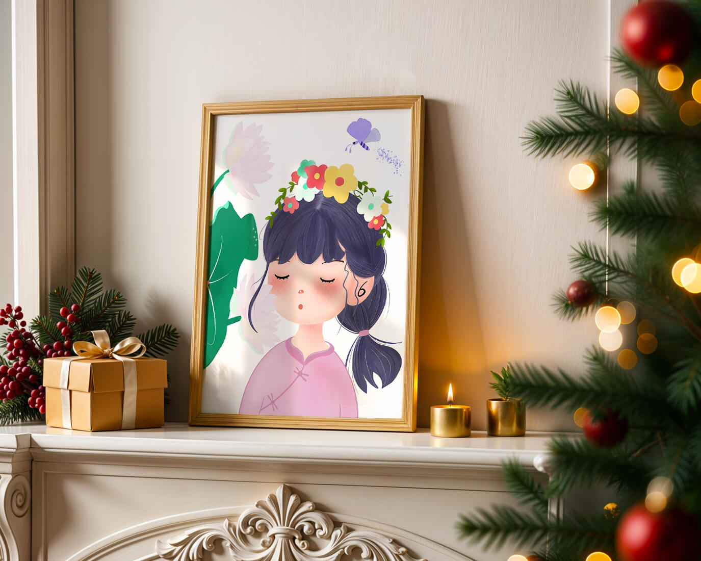 Whimsical illustration of a girl with a flower crown and butterfly
