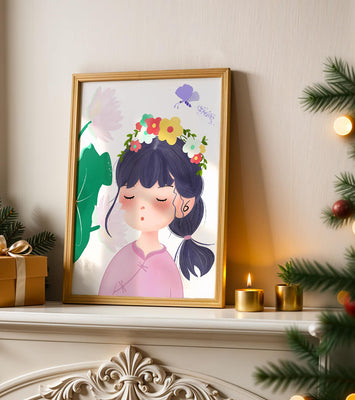 Whimsical illustration of a girl with a flower crown and butterfly