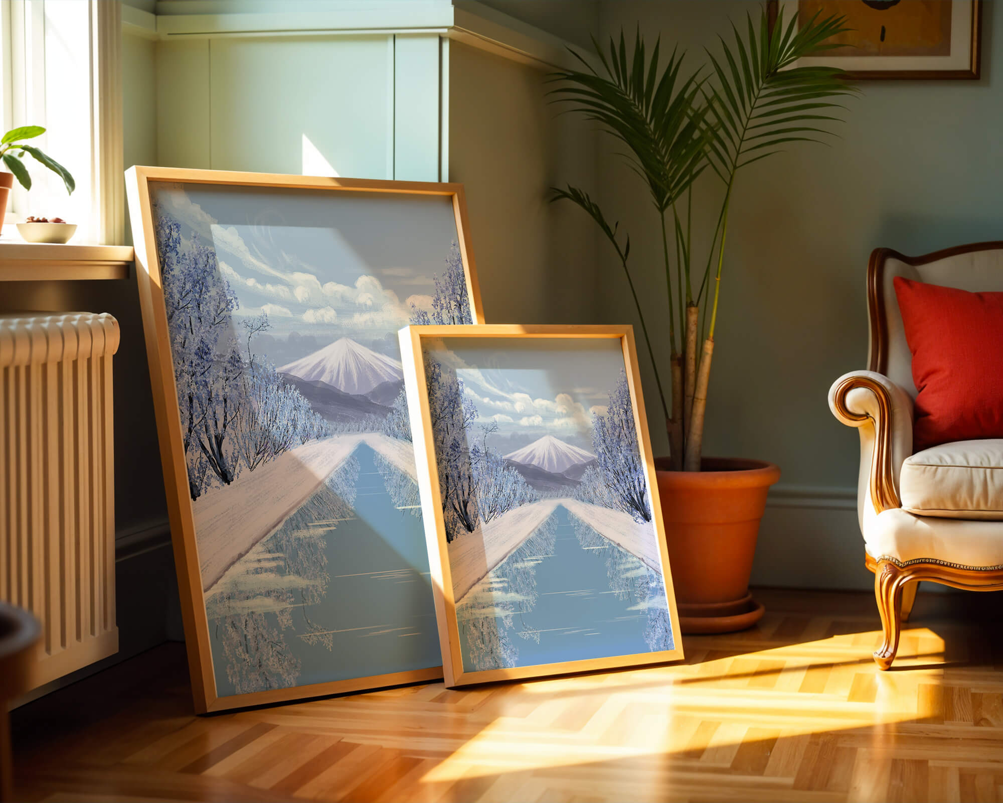 Serene winter landscape with mountain and snowy trees reflecting in water