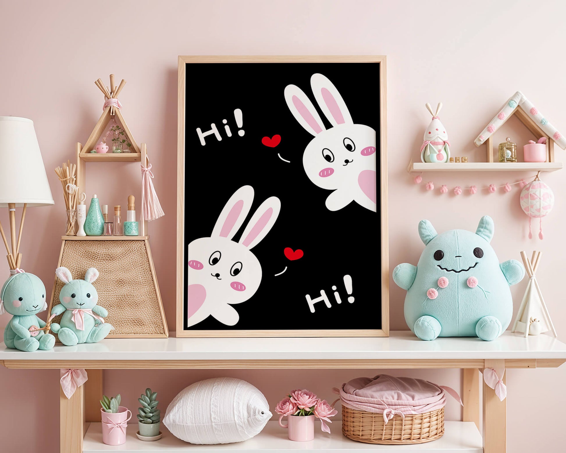 Charming bunny illustration with hearts on black background