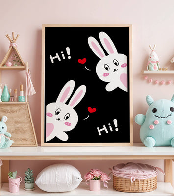 Charming bunny illustration with hearts on black background