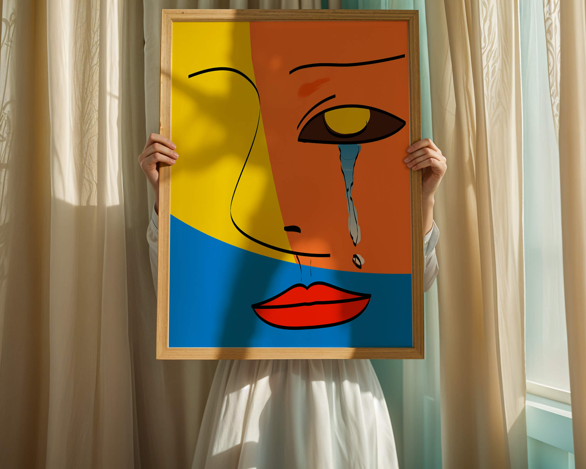 Colorful abstract face art with tear in modern style