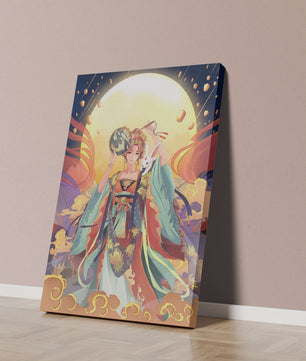 Elegant fantasy illustration with celestial elements and rabbit