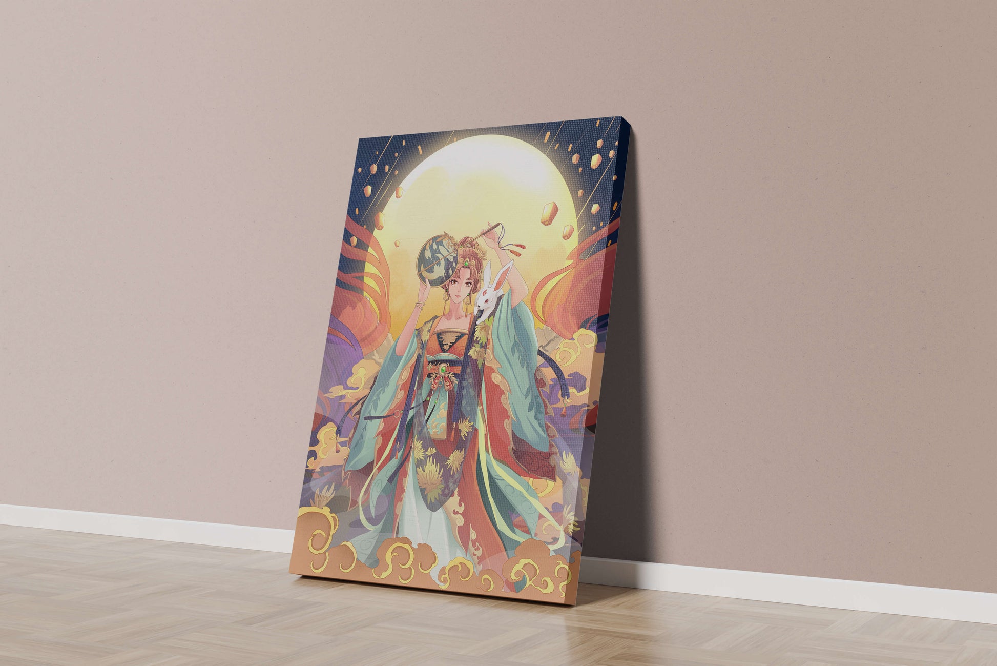 Elegant fantasy illustration with celestial elements and rabbit