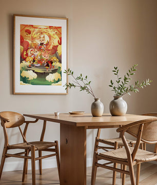 Fantastical scene with anthropomorphic animals and a dragon in a vibrant setting