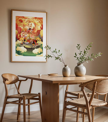 Fantastical scene with anthropomorphic animals and a dragon in a vibrant setting