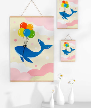 Skurriler Wal, der mit bunten Luftballons fliegt
