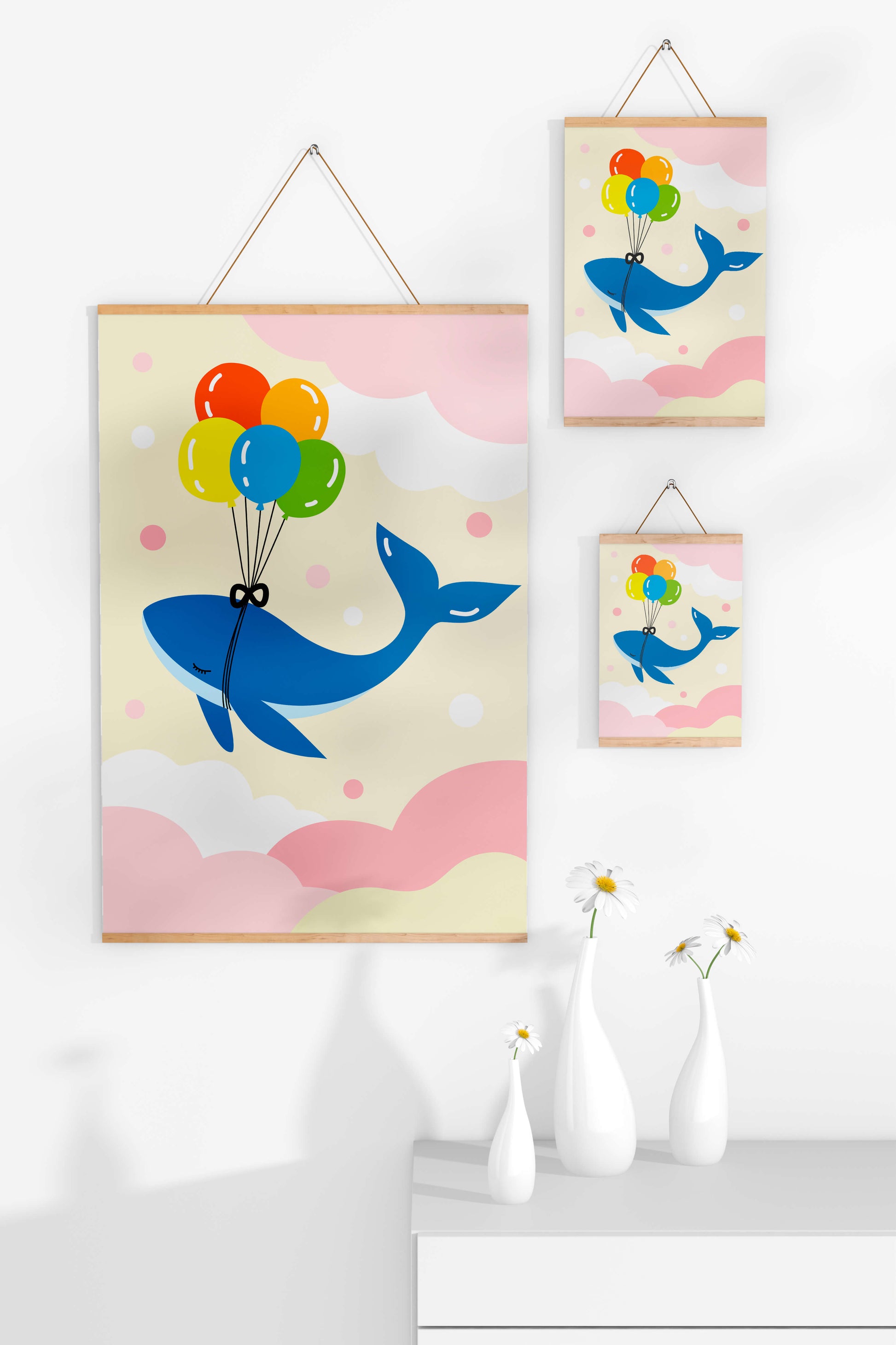 Skurriler Wal, der mit bunten Luftballons fliegt