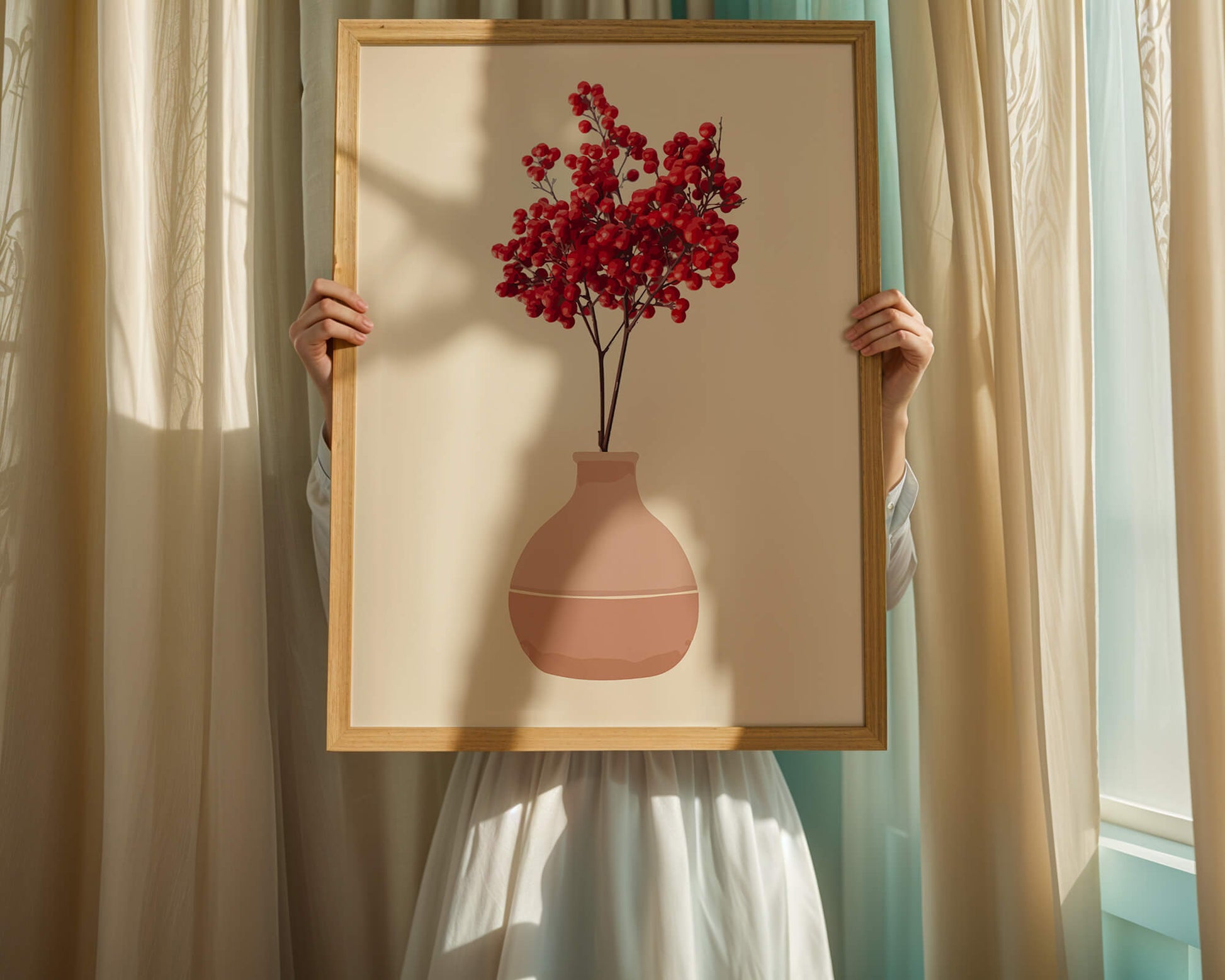 Red berries in minimalist clay vase on neutral background
