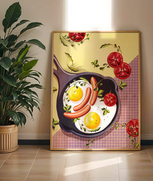 Huevos fritos y salchichas en una sartén con tomates y hierbas sobre un fondo colorido