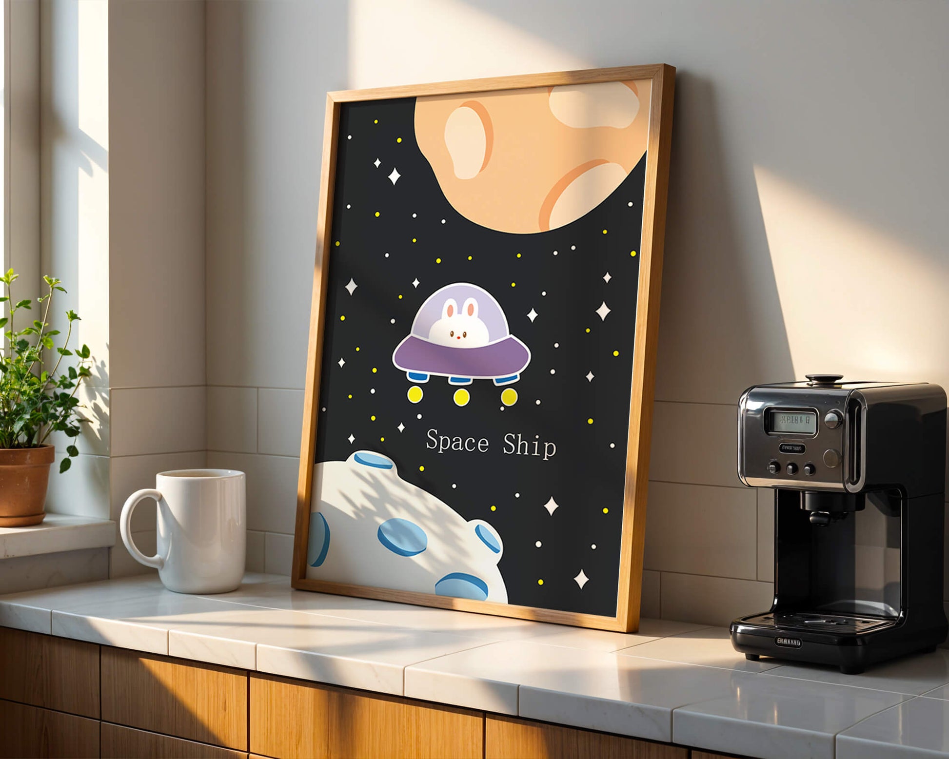 Cute bunny in spaceship with planets and stars in space illustration