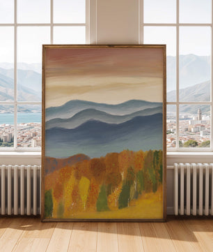 Autumn Mountain Landscape with Vibrant Trees and Colorful Sky