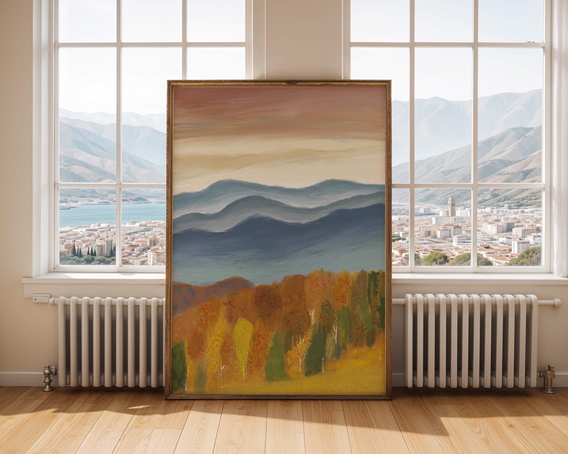 Autumn Mountain Landscape with Vibrant Trees and Colorful Sky