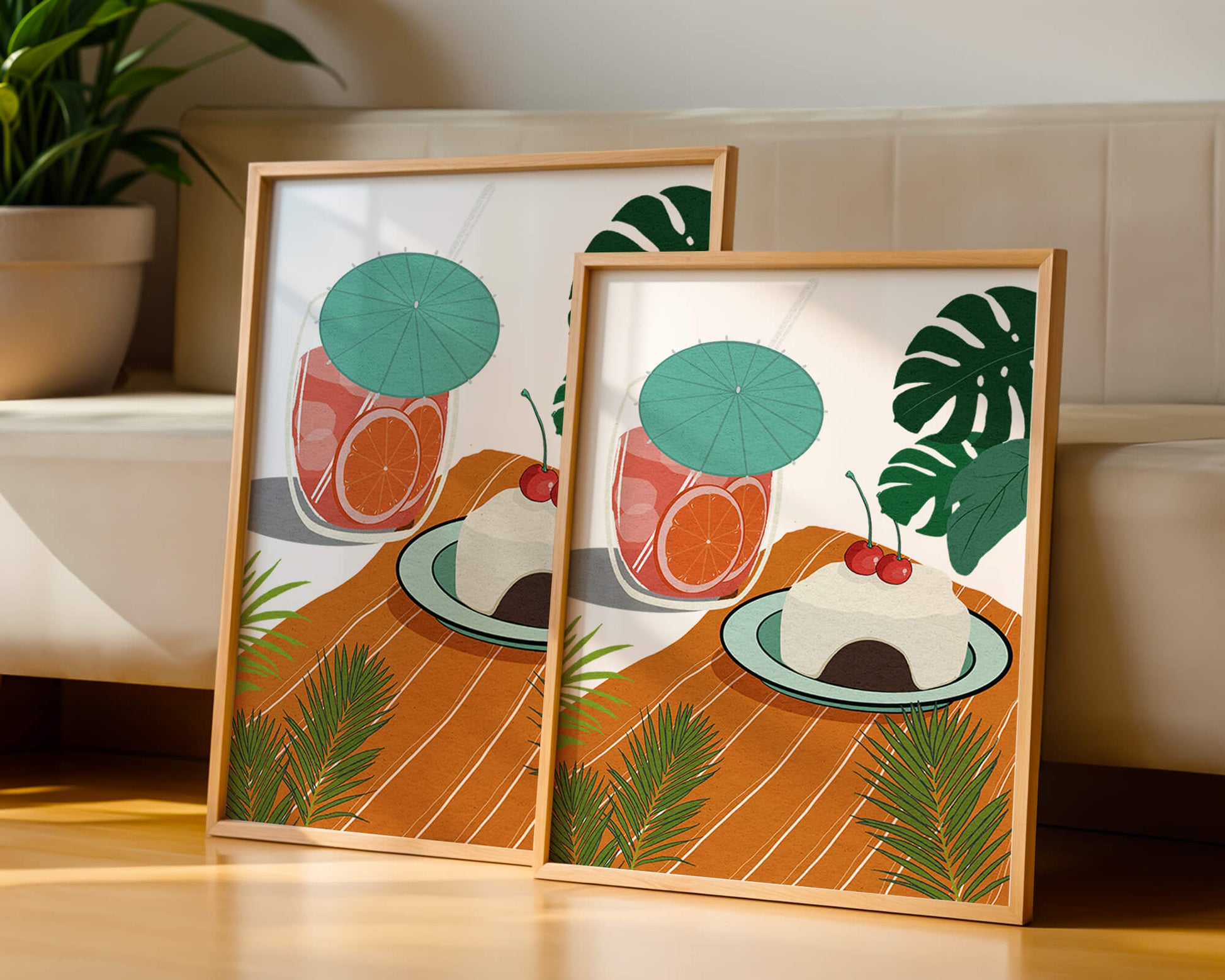Tropical Dessert with Cherries and Refreshing Drink Under a Parasol