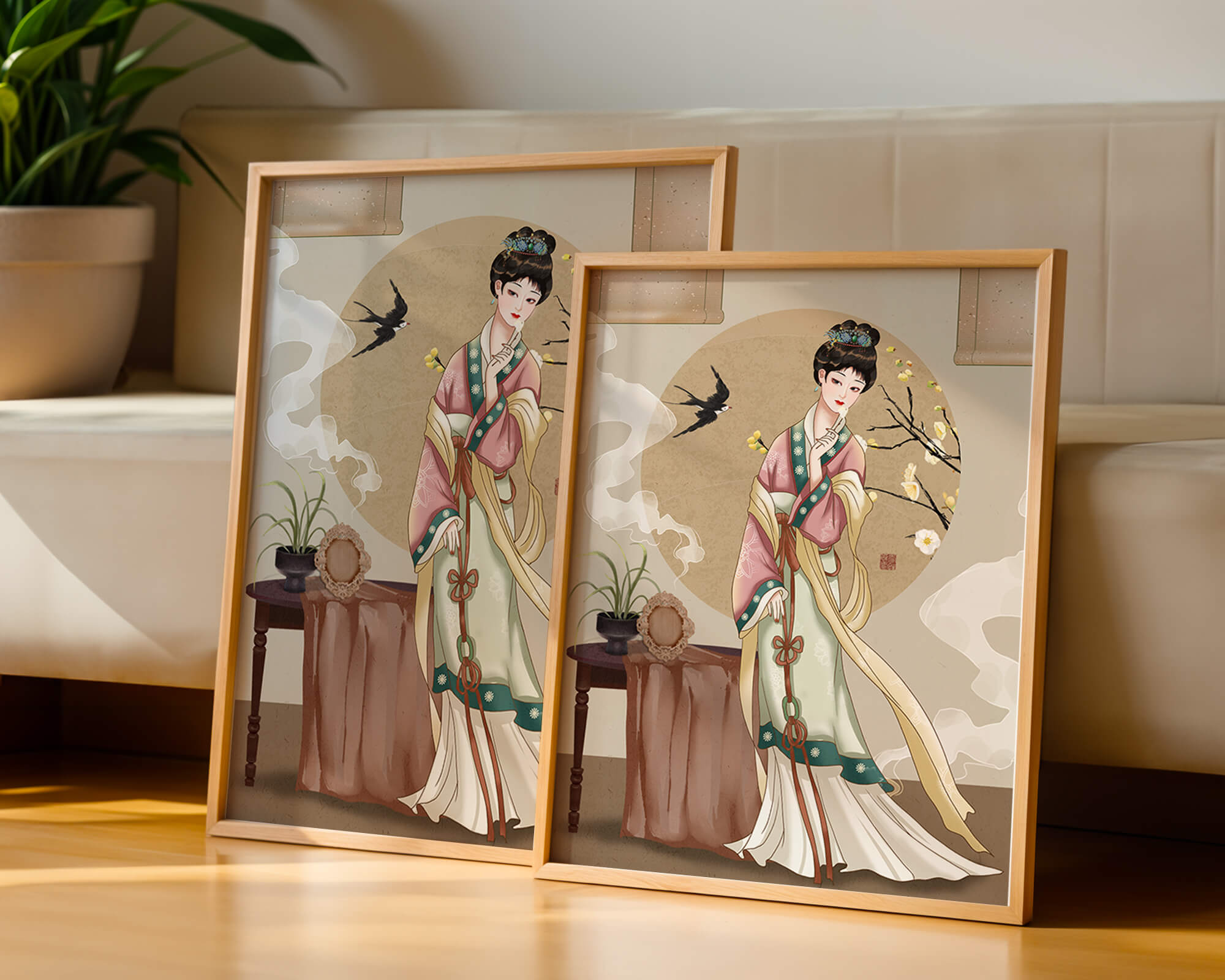 Elegant traditional Asian lady in classic attire with nature elements