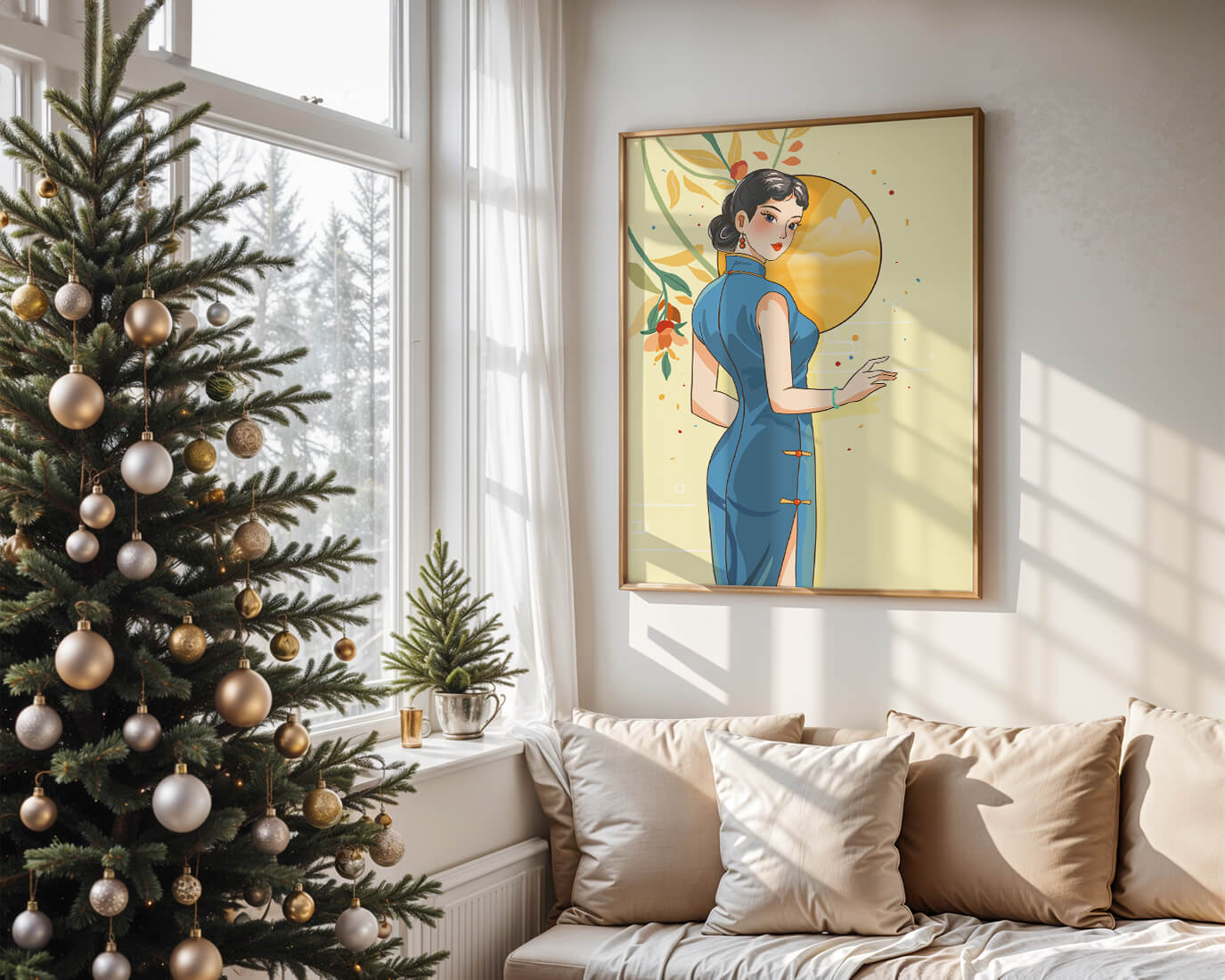 Elegant Woman in Traditional Dress with Floral and Golden Sun Backdrop