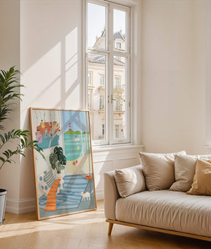 Habitación acogedora con vista al mar y faro a través de la ventana