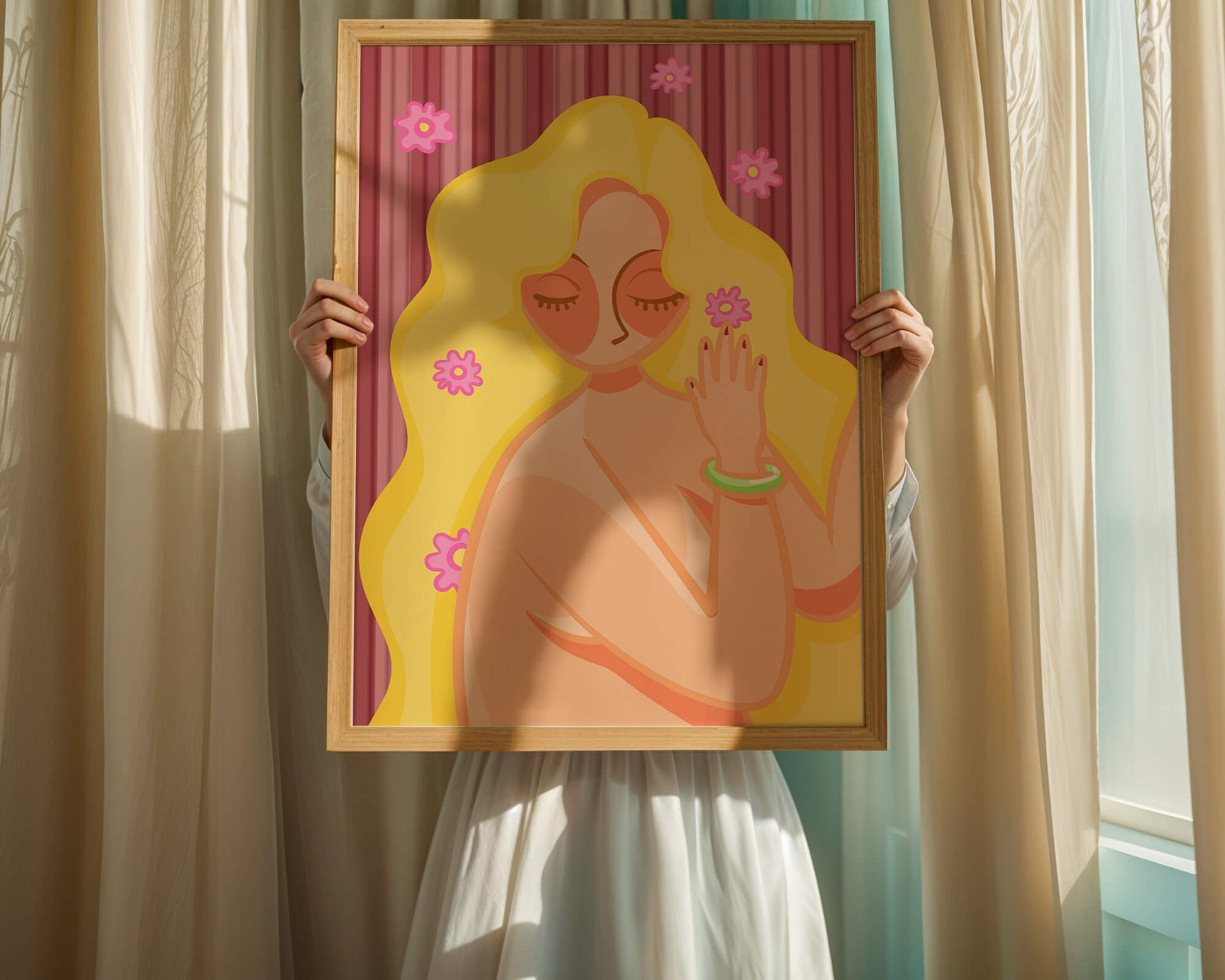Ilustración abstracta de una mujer serena con el pelo largo y rubio y flores
