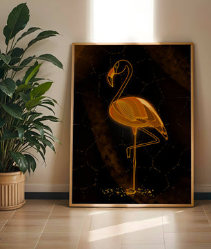 Elegant golden flamingo on abstract dark background