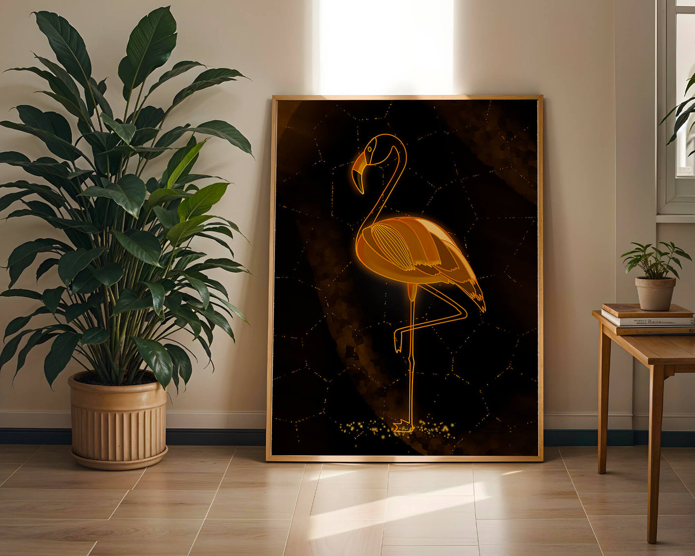 Elegant golden flamingo on abstract dark background