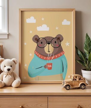 Illustration of a bear with glasses holding a tea cup against a starry background