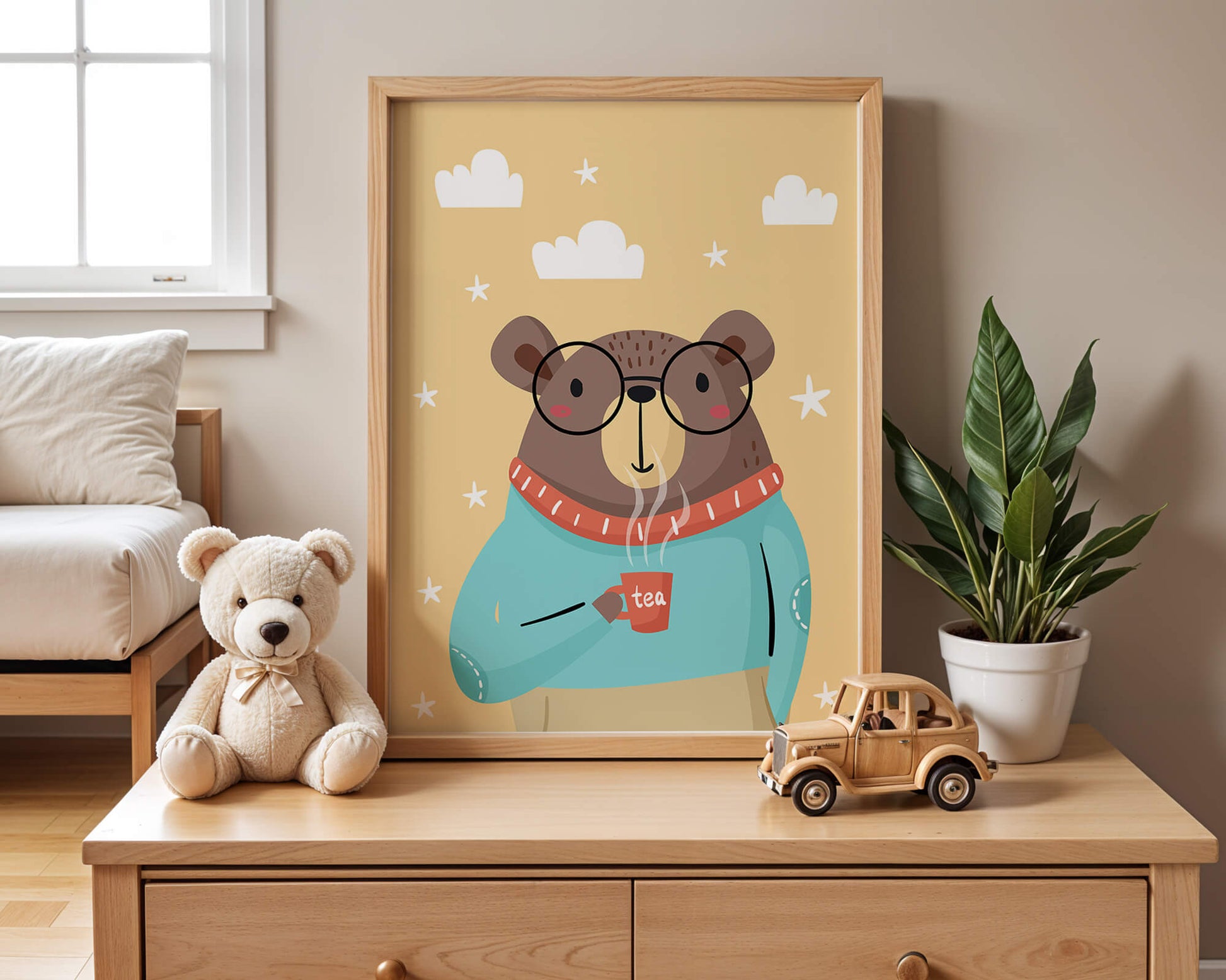 Illustration of a bear with glasses holding a tea cup against a starry background