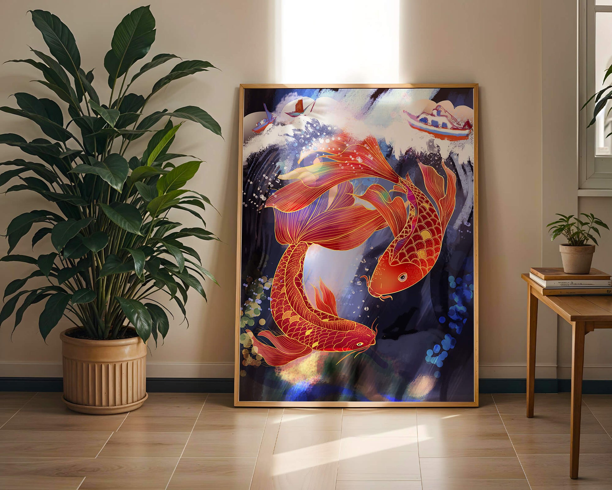 Representación artística de peces koi nadando con barcos en colores vibrantes.