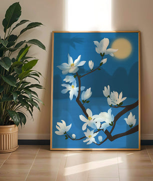 White magnolia branch under moonlight with blue background