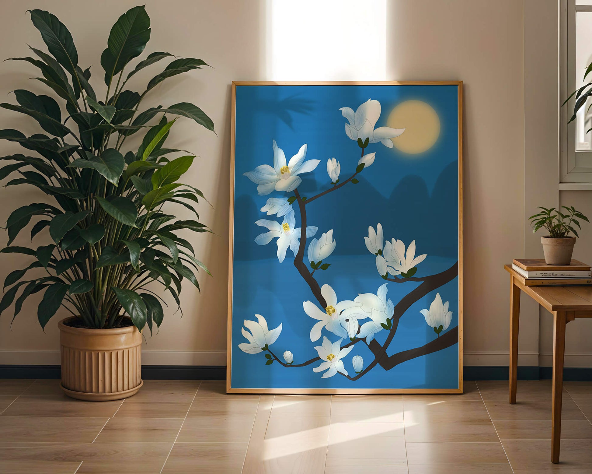White magnolia branch under moonlight with blue background