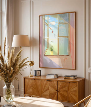 Tranquil open window with floral view and gentle sunlight