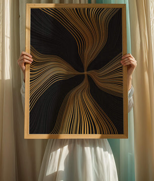 Líneas doradas abstractas sobre fondo negro con flujo dinámico