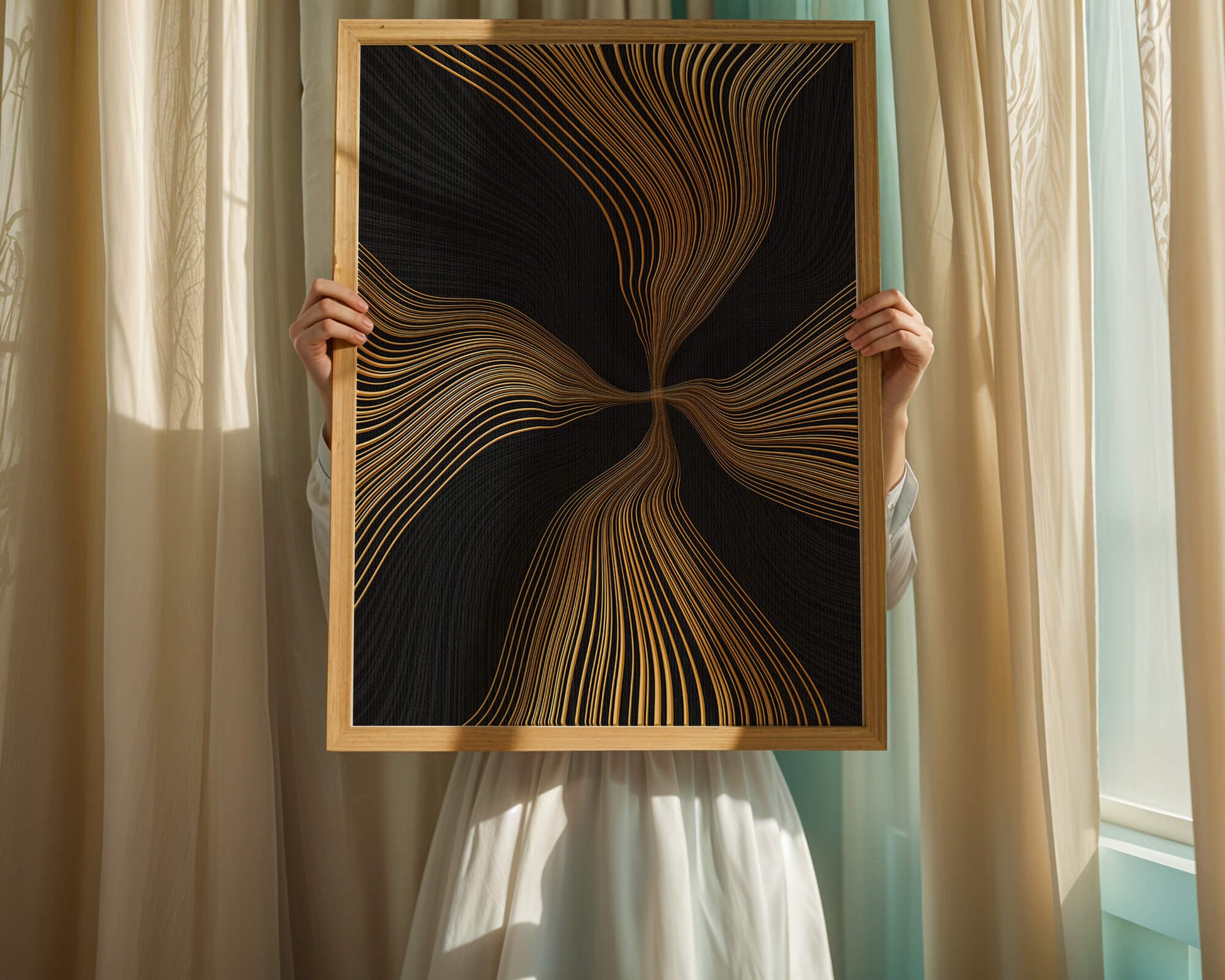 Líneas doradas abstractas sobre fondo negro con flujo dinámico