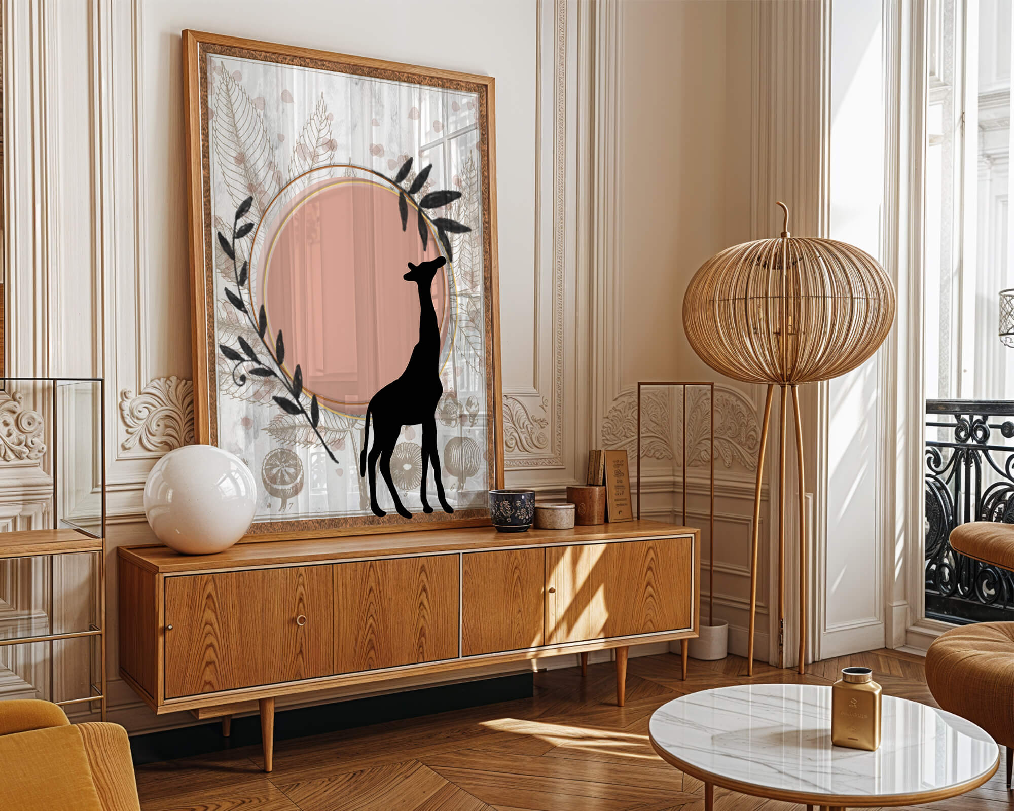 Nature-inspired artwork with giraffe silhouette and botanical elements