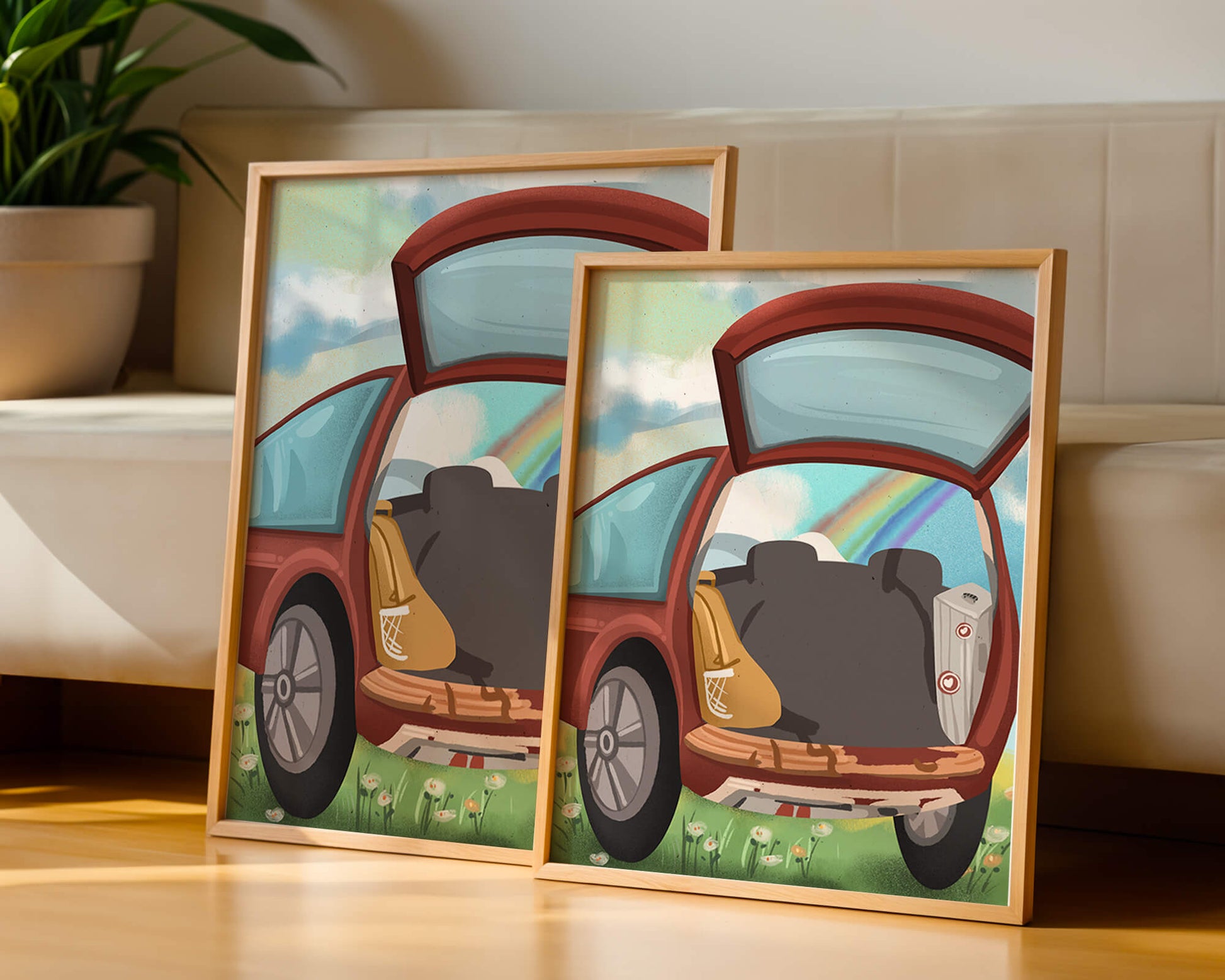 Car Trunk with Picnic Items and Rainbow in Background